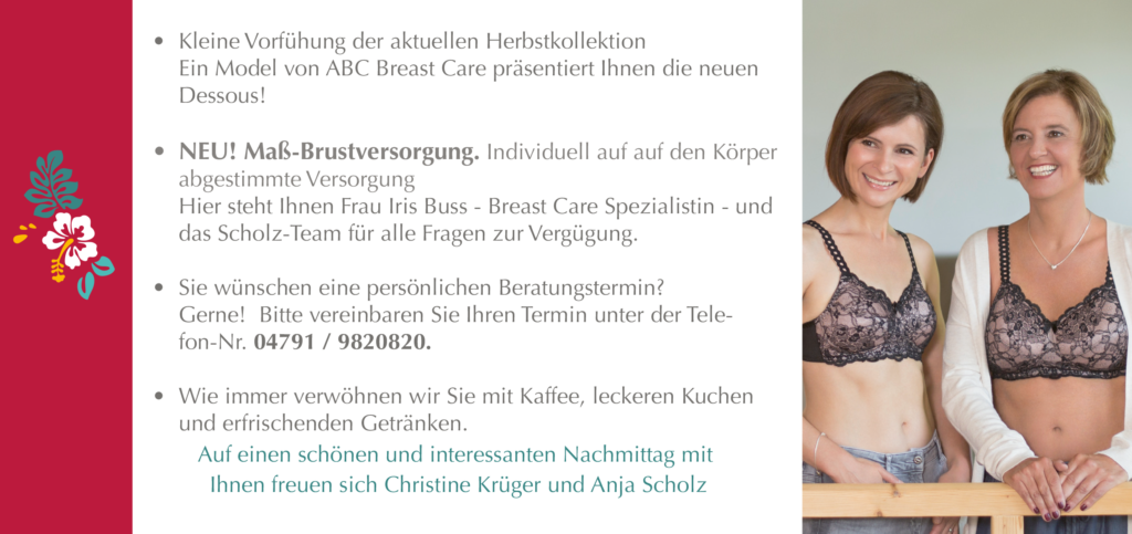 Scholz Orthopädietechnik & Sanitätshaus / ABC Breast Care Modenschau Herbstkollektion am 16.10.2019 15-17 Uhr
